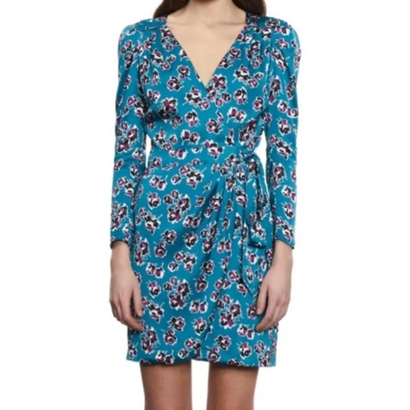 The Kooples Teal Rock Roses Long Sleeve wrap Dress size 1 - Picture 1 of 13